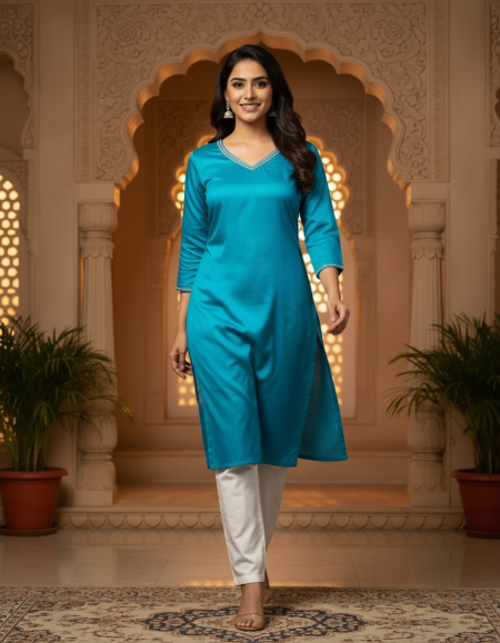 Silk Women Kurti Pant Set-Blue (L)