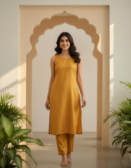 Casual Women Kurti Pant Set-Mustard(S)