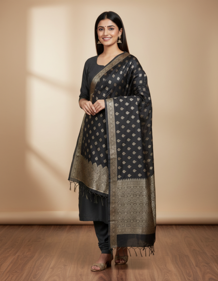Art Silk Woven Women Dupatta (Black)