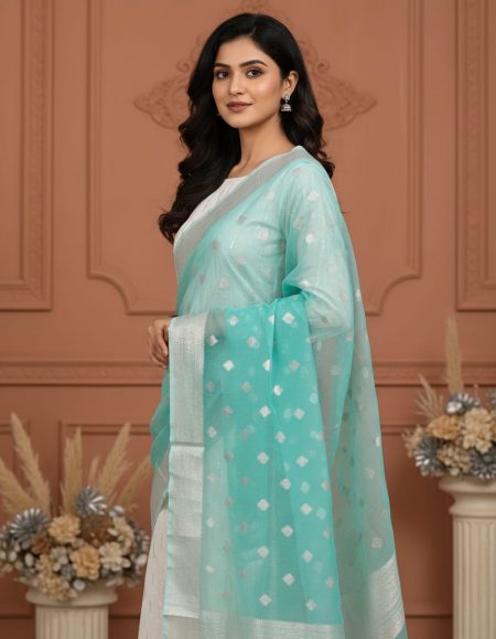 Poly Chanderi, Organza Woven Women Dupatta (Sea Green)