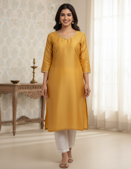 Silk Women Kurti Pant Set - Orange(L)