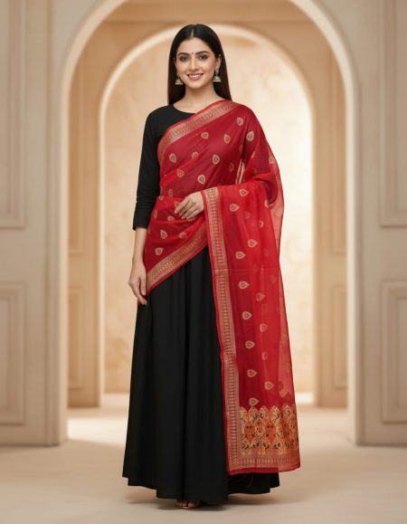 Fabria Silk Blend Woven Red Women Dupatta