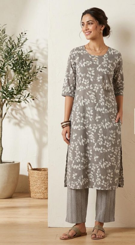 Cotton Women Kurti Pant Set-Grey(L)