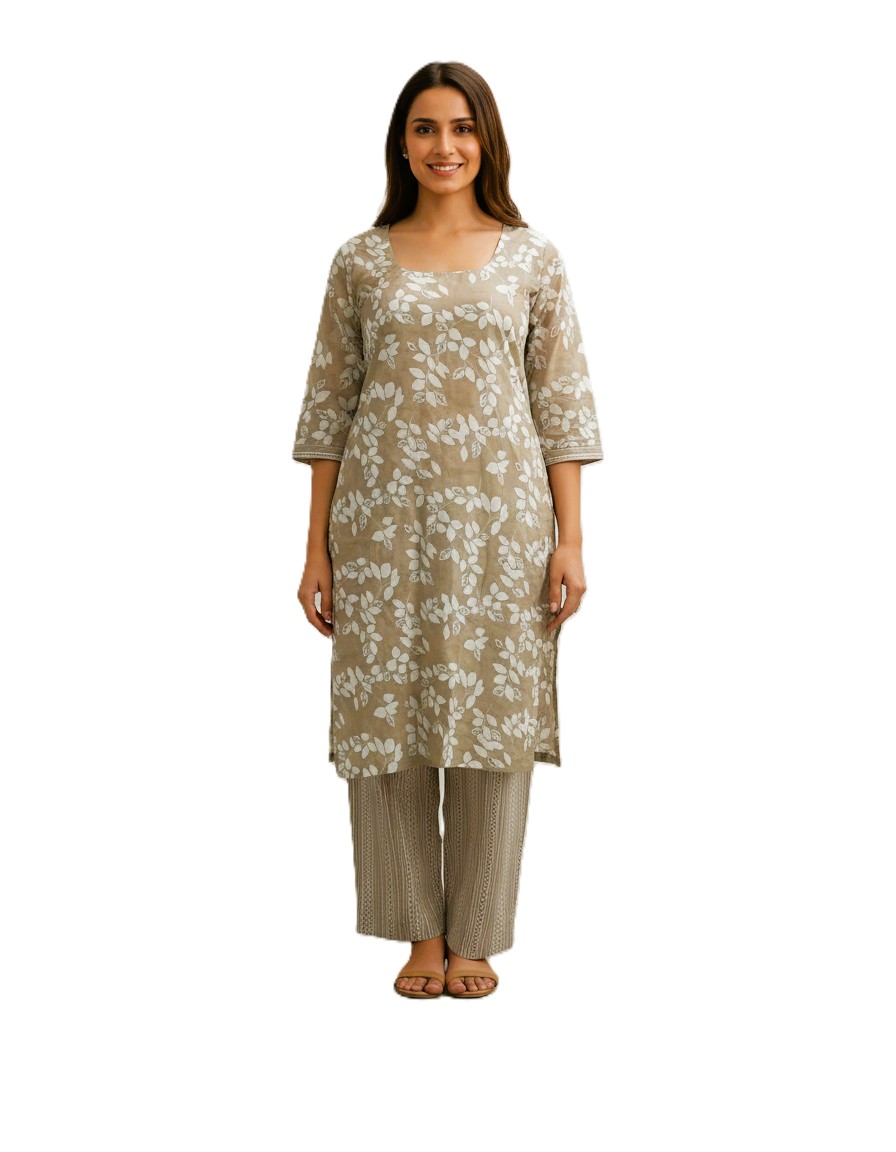 Cotton Women Kurti Pant Set-Brown(L) - Image 2